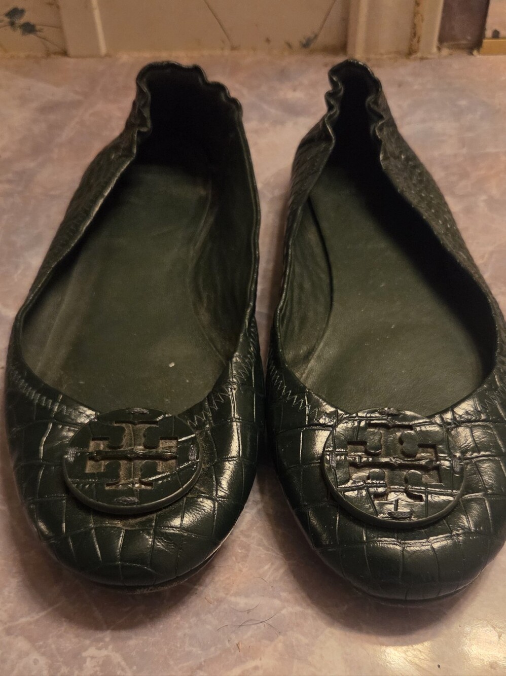 Tory Burch Dark Green Croc-Embossed Logo Ballet Flats